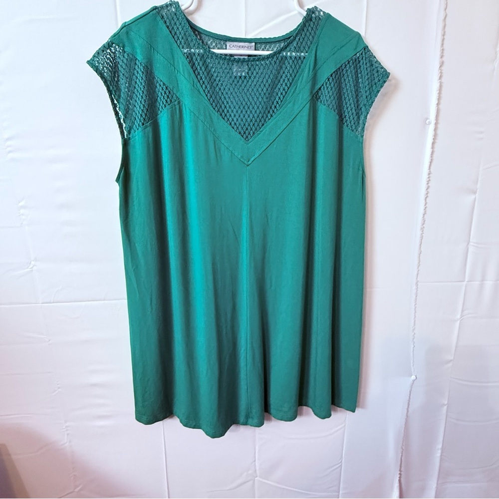 Catherines Teal V-Neck Tunic with Mesh Yoke